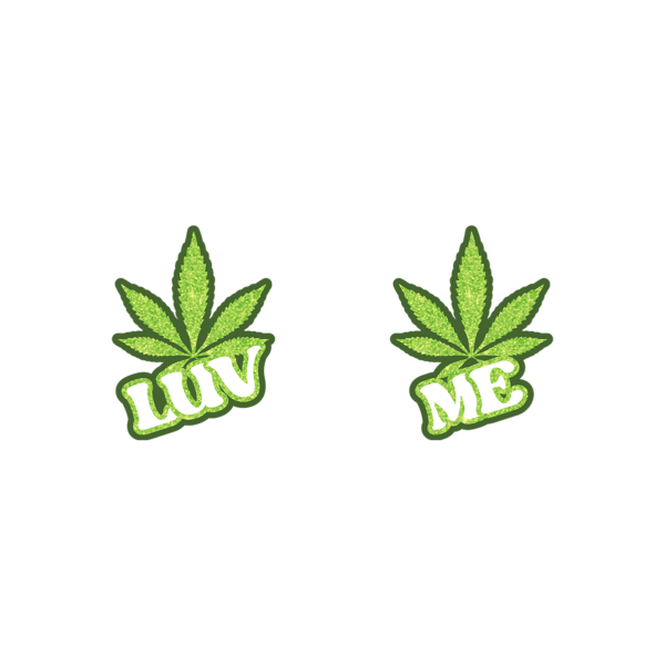 AllStuff420 - Glittered LUV ME Green Cannabis Leaf with Dark Green Outline Nipple Pasties