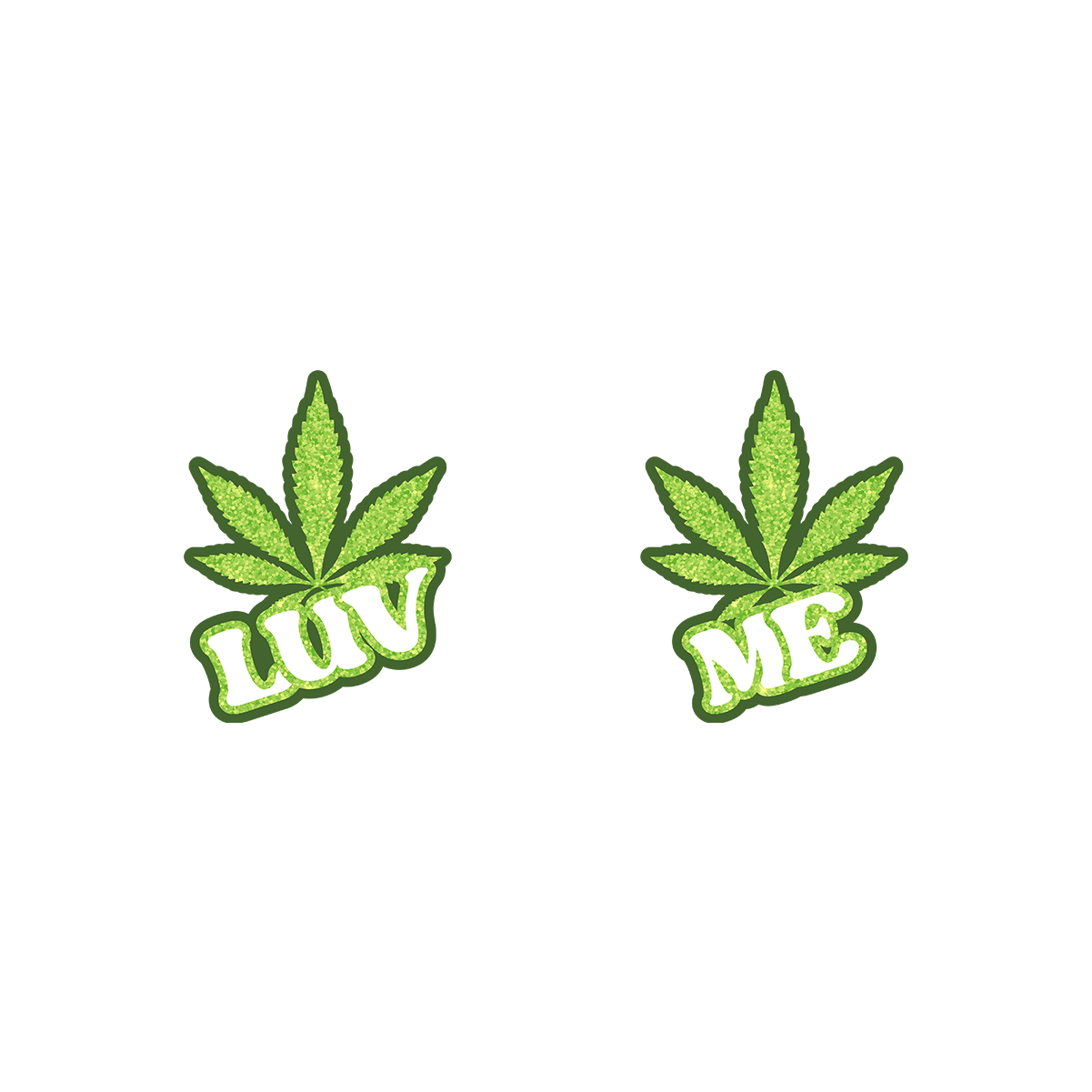AllStuff420 - Glittered LUV ME Green Cannabis Leaf with Dark Green Outline Nipple Pasties