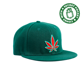 Green caps for men with secret stash pocket embroidered with red-colored 420 leaf design