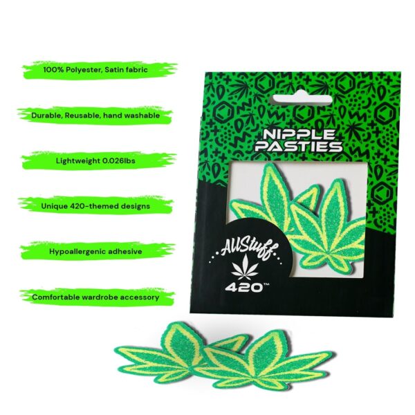 AllStuff420 - Green Two-Toned Weed Nipple Pasties with package and description