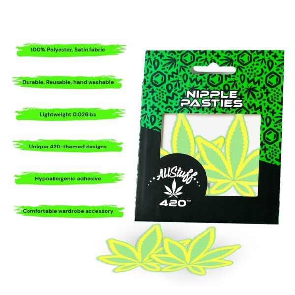 AllStuff420 - Green Two-Toned Weed Nipple Pasties with package and description