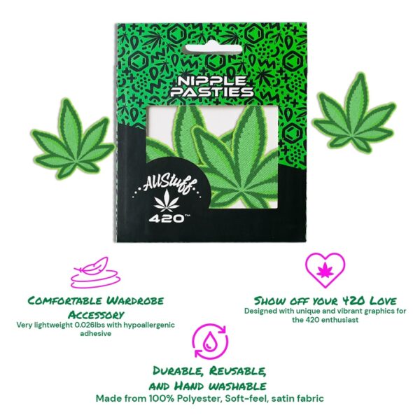 Nipple pasties Glittered Green Cannabis Leaf with description.