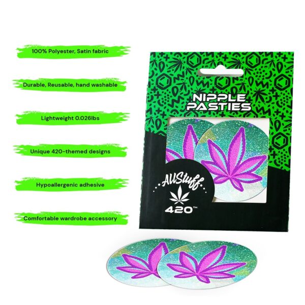 AllStuff420 - Lavender Background with Green 420 Leaf Nipple Pasties with package