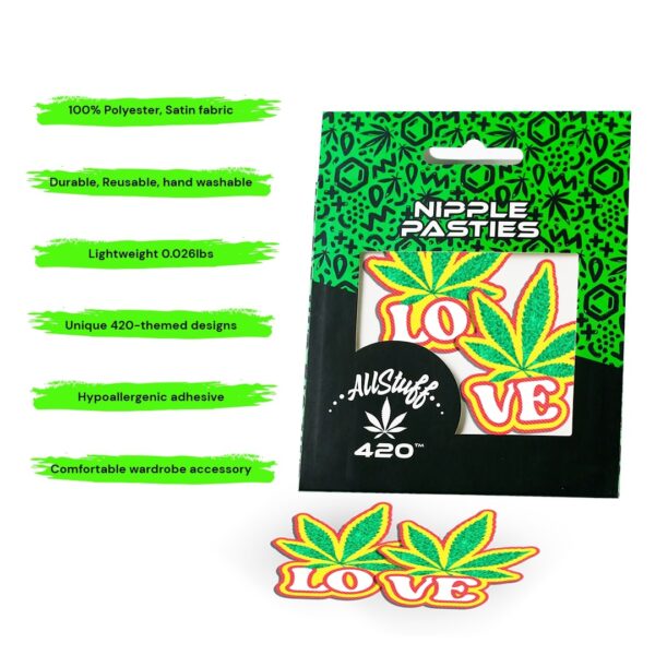 Love Nipple pasties with black and green package and product description