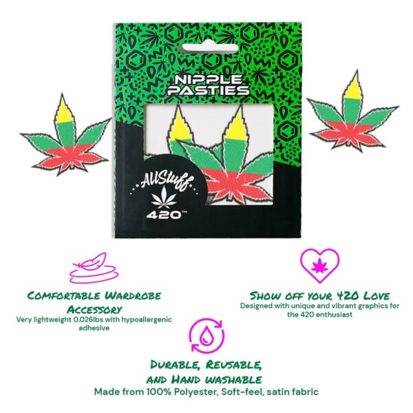 AllStuff420 - Nipple Pasties Green Yellow Red Cannabis Leaf with package and description