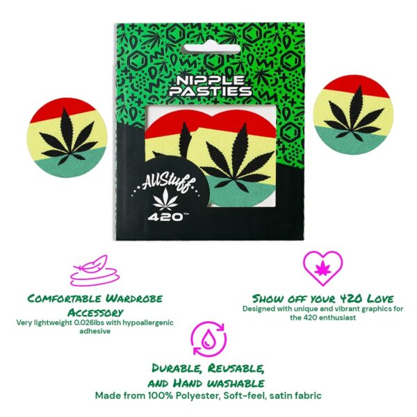 AllStuff420 - Nipple Pasties Green Yellow Red and black Cannabis Leaf with description
