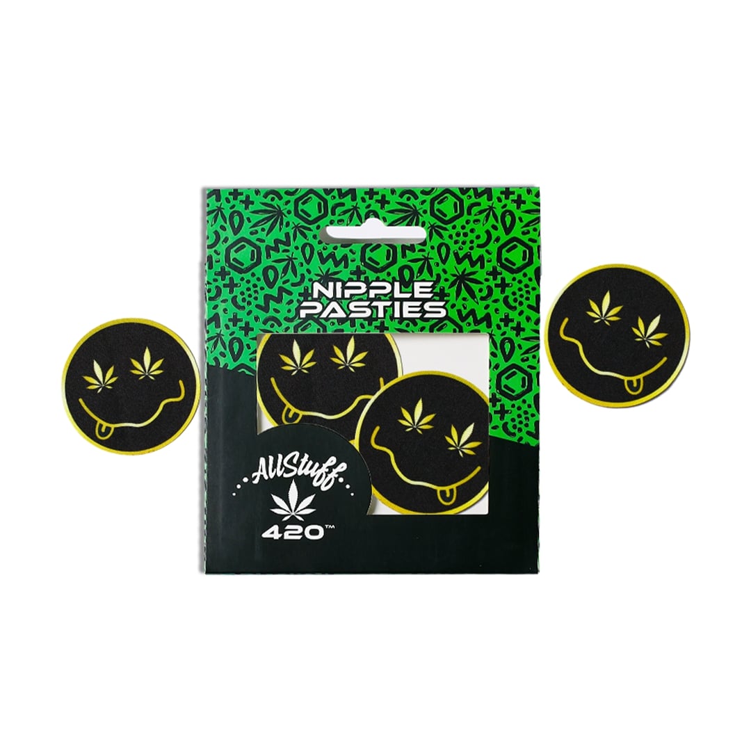 Round Smiley Face with Weed Leaf Eyes Round Smiley Face with Weed Leaf Eyes Nipple pasties