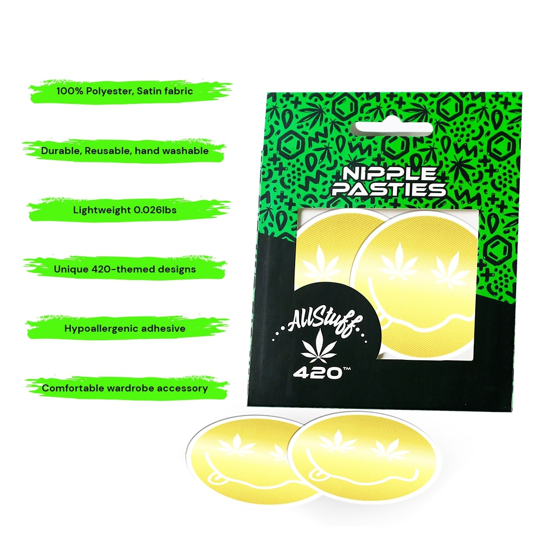 Shiny Gold Smiley Face with Cannabis Leaf Eyes Nipple pasties Shiny Gold Smiley Face with Cannabis Leaf Eyes with package