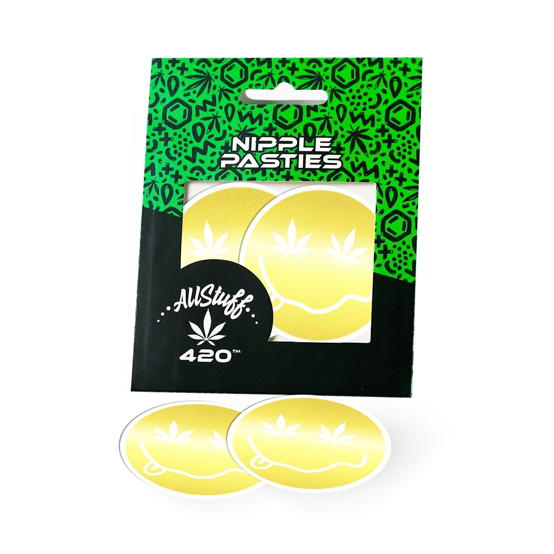 Nipple pasties Shiny Gold Smiley Face with Cannabis Leaf Eyes Nipple pasties Shiny Gold Smiley Face with Cannabis Leaf Eyes
