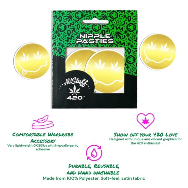 Nipple pasties Shiny Gold Smiley Face with Cannabis Leaf Eyes with description