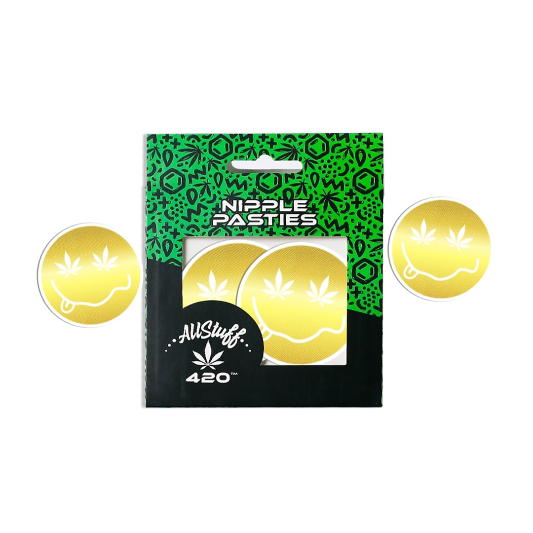 Shiny Gold Smiley Face with Cannabis Leaf Eyes Nipple pasties Shiny Gold Smiley Face with Cannabis Leaf Eyes