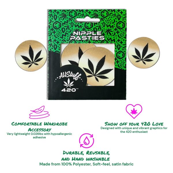 AllStuff420 Nipple pasties black leaf cannabis with gold background and description