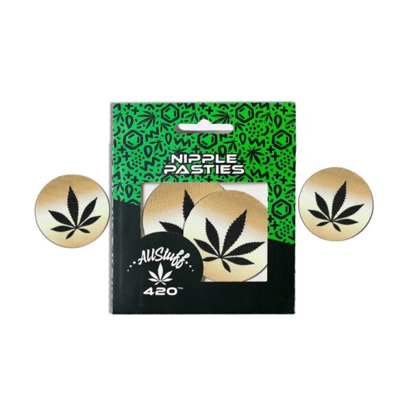 AllStuff420 Nipple pasties black leaf cannabis with gold background