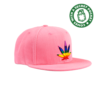 Pink caps for women with secret stash pocket and embroidered rasta-colored 420 leaf design